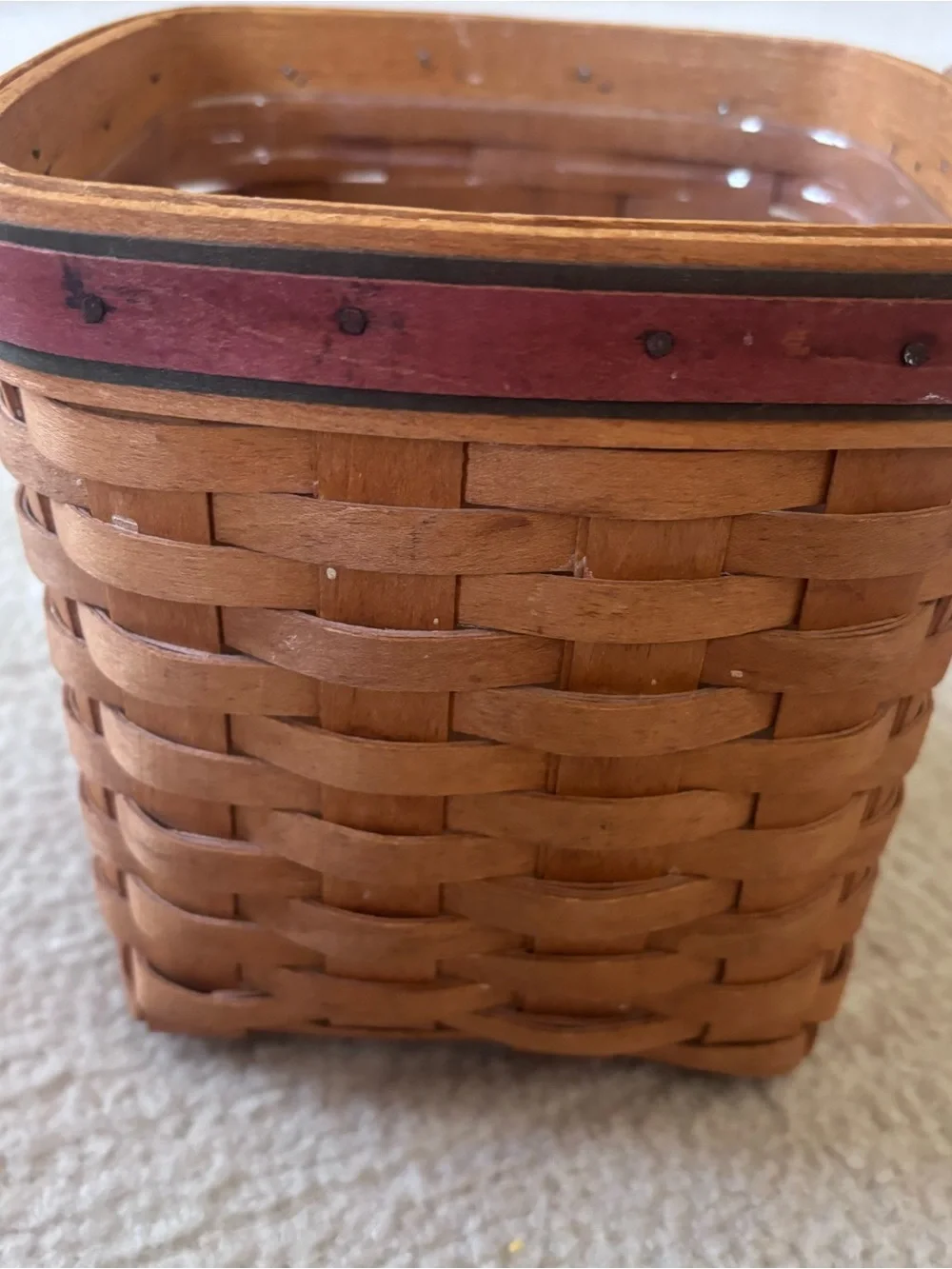 Longaberger Brown Woven Square Basket with Red Accent Trim